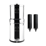 A stainless steel Phoenix Gravity water filter system with two black carbon cartridges.