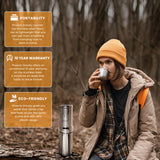 Close-up of a water bottle with a built-in purifier, an essential piece of backpacking gear for any outdoor adventure.