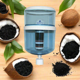 Purifier bottle fitted onto a standard open-top cooler dispenser