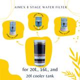 Diagram showing the compatibility and suitability of the Aimex Water 8-stage purifier replacement filter cartridge for benchtop gravity water systems across Australia.