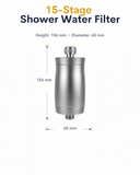 Aimex Water PureRain 15_stage shower water filter dimensions showing 156mm height and 65mm diameter