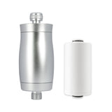 Aimex Water PureRain silver aluminium shower filter housing next to white replacement filter cartridge